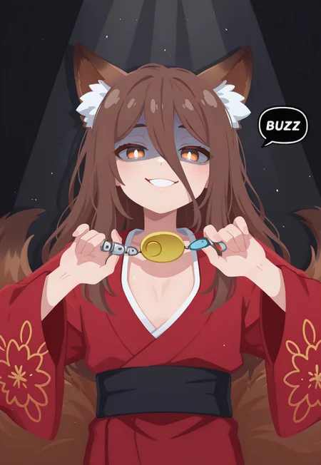 safe, highest quality, masterpiece, intricate details, highly detailed, dynamic shot, dynamic pose, 1boy, solo, brown fox ears, long hair, long bangs, brown hair, fox tail, nine tails, ((flat chest)), masculine eyes, masculine face:0.8, yandere, chiaroscuro, very awa, t4kar4i_illu, no_outlines,no lineart, average physique, tall, wearing red kimono, red kimono, embroidered red kimono, ((cpbt, crime prevention buzzer, pulling)), aged up, ((("BUZZ ME" in the speech bubble))), black_background, drop shadow,backlighting,darkness,spotlight,shaded face,extreme close-Up of face,grinning face,glistening eyes,glowing eyes, text, ((the word BUZZ ME)), BUZZ ME, perfect hands,