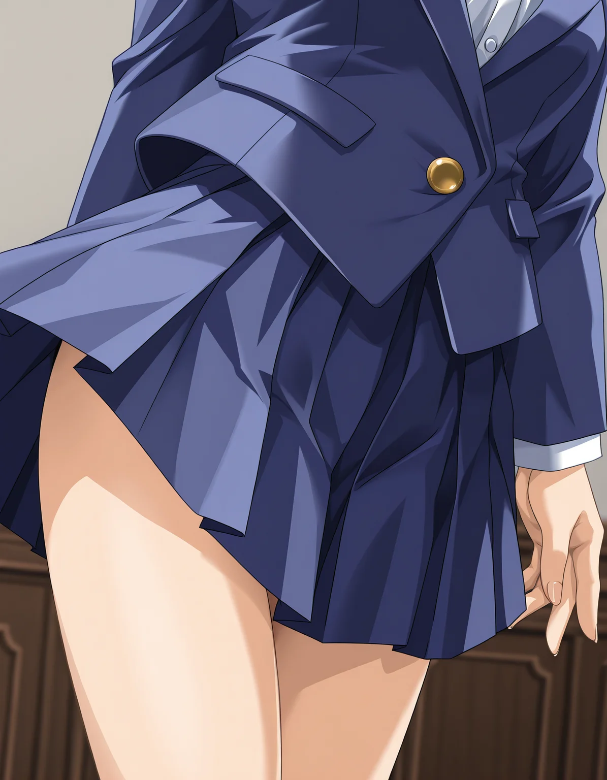 <lora:saku-v9-il-000041:0.75> k40r1, blue jacket, blue skirt, 1girl, solo, thighs, close-up, lower body