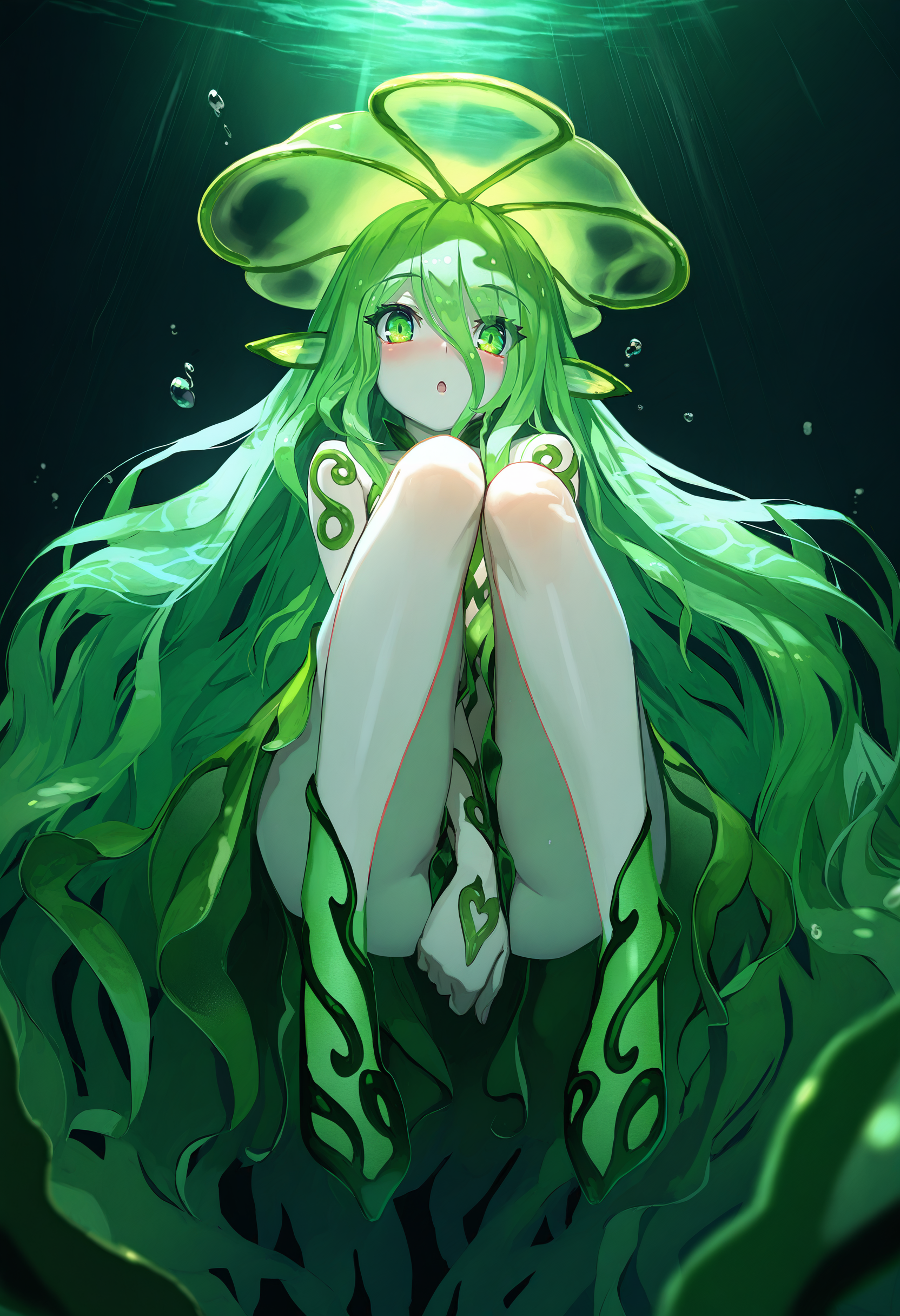 by [lack|fuzichoco|lam|kinta \(distortion\)|wlop|quasarcake|nixeu|happoubi jin],
flow kelp, kelp, 1girl, :o, absurdres, bare legs, blush, colored skin, full body, green eyes, green hair, green skin, green theme, groin, hair between eyes, long hair, looking at viewer, monster girl, monster girl encyclopedia, official art, open mouth, pale skin, parted lips, plant girl, solo, very long hair, wavy hair, underwater, close-up, from below, knees up, hand between legs, floating, bioluminescence, night, black background, 
blurry foreground, sunbeam, lens flare,
masterpiece, best quality, very aesthetic, absurdres
<lora:illustrious_noobai_epsilon_pred_1_masterpieces_v1:1>
<lora:illustrious_noobai_epsilon_pred_1_best_quality_v1:1>