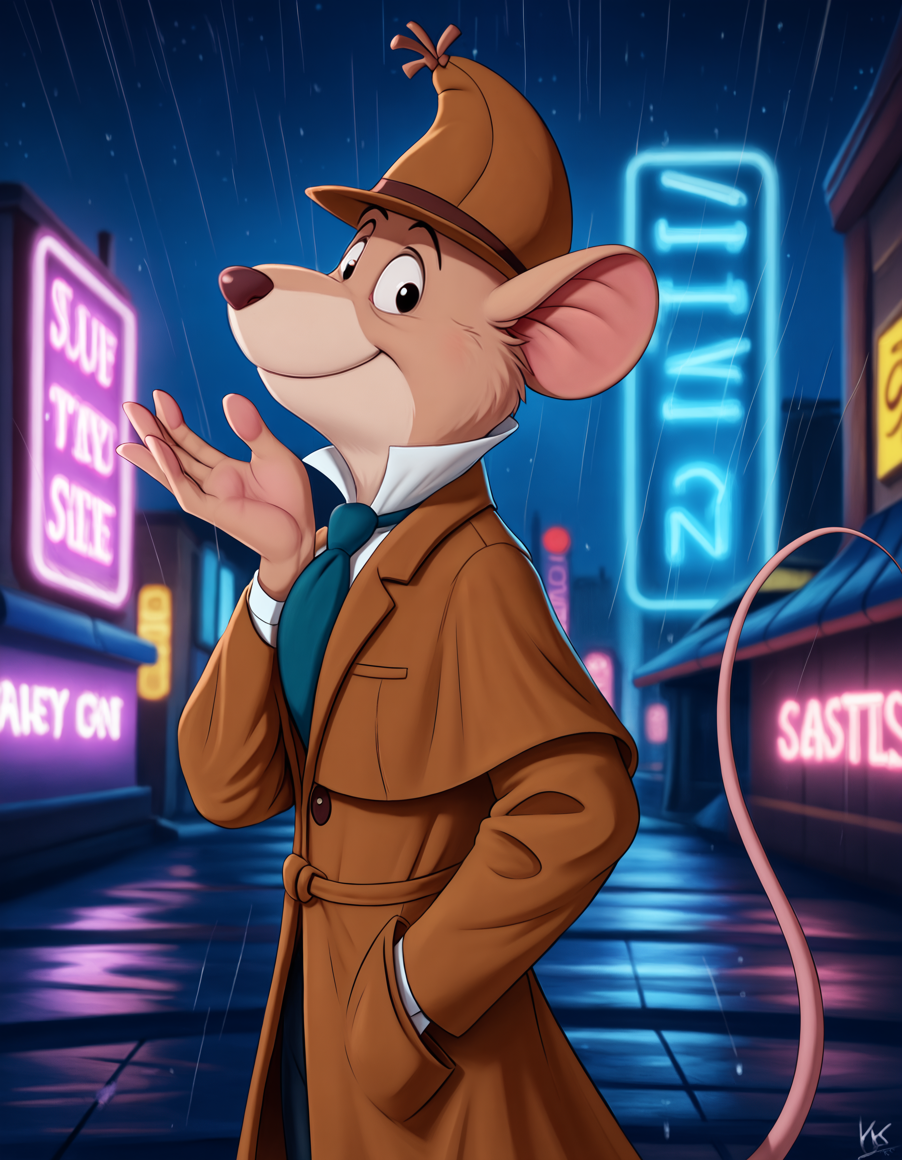 score_9, score_8_up, score_7_up BREAK rating_safe, source_furry, detailed, depth of field, detailed background, cinematic lighting, particles, decals, masterpiece, (best quality, high quality, 8K:1.5), <lora:sinfully_stylish_SDXL.safetensors:0.95>,  embedding:zPDXL3, anthro, <lora:add-detail-xl.safetensors:2.5>, <lora:Basil_of_Baker_StreetThe_Great_Mouse_Detective:1.0>, basil_gmd, great_mouse_detective, solo, 1boy, male focus, clothed, hat, dark, night, rain, light shining through feathers, looking at viewer, city, outdoor, digitigrade, biped, barefoot, (cyberpunk, neon lights, night time:1.2), upper body, solo, smile, long_sleeves, tail, necktie, shoes, pants, black_eyes, coat, blue_necktie, mouse_ears, brown_headwear, furry_male, mouse_tail, brown_pants, brown_coat, mouse, trench_coat, detective,  (close up, from side, smelling feet rub hands, happy:1.15)
