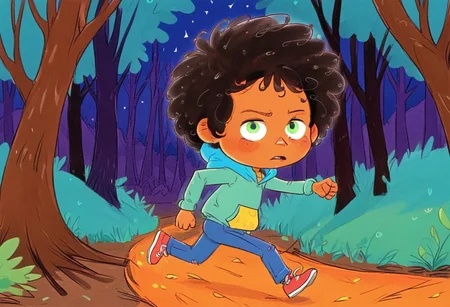 max (camp camp), cartoon theme, max (camp camp), 1boy, solo, human, male focus, curly black hair, curly tousled black hair, afro, dark skin, orange skin, dark-skinned male, large eyes, round eyes, green eyes,small nose, triangular nose, pointed nose, anoyed face, running, blue hood, blue pants, small body, young boy, chibi, dark forest, night