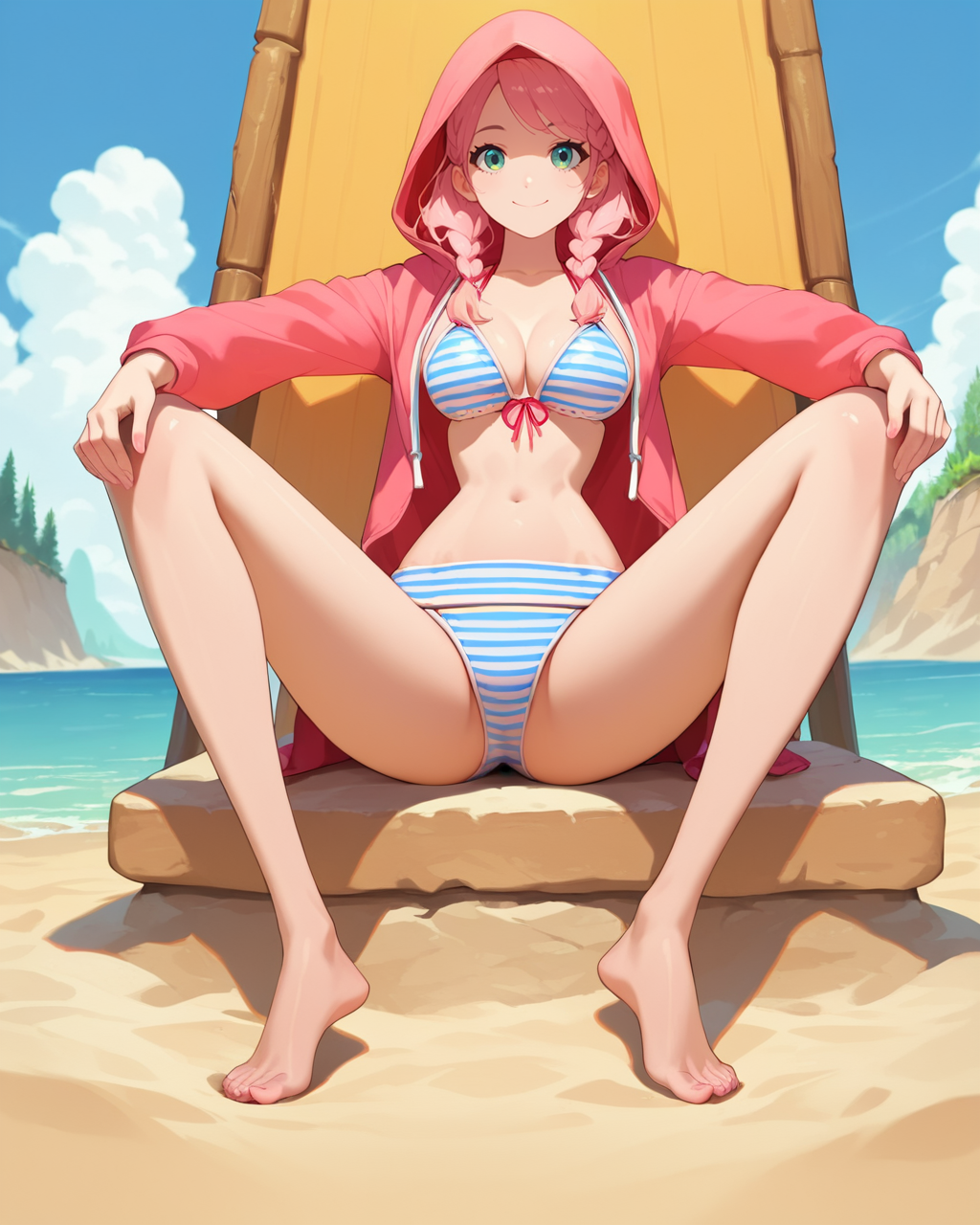 score_9,score_8_up,score_7_up,source_anime,rating_safe,anime screenshot,full body,1girl,solo,<lora:narrownarrow_pony:1.2>,narrow waist,smile,sitting,spread legs,bikini,striped bikini,beach,hood,pink hair,braid,