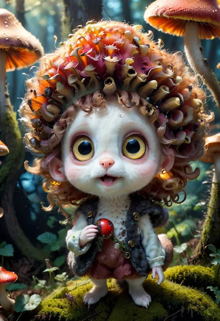 Mix the mushrooms, mouse and curly fur to create adorable magical creature with big glowing eyes, masterpiece, Surrealism, close-up, macro photo, f/1.2, backlighting, Albert Edelfelt, multicolored hair