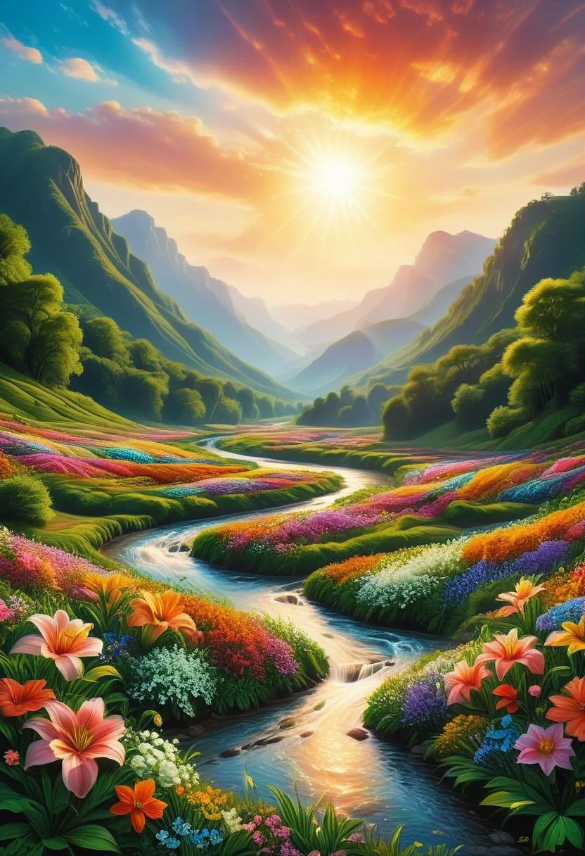 (best quality,8k,high res,masterpiece:1.2),photorealistic,ultra-detailed, vibrant photography of a Lilly in nature, dramatic lighting, finely ,fine detailed,Natural scenery, majestic landscape, colorful flowers, distant mountains, flowing rivers, melting sunset, serene atmosphere, dazzling sunlight, blissful vibes, luscious greenery, soft breeze, ethereal beauty, seek, Flora