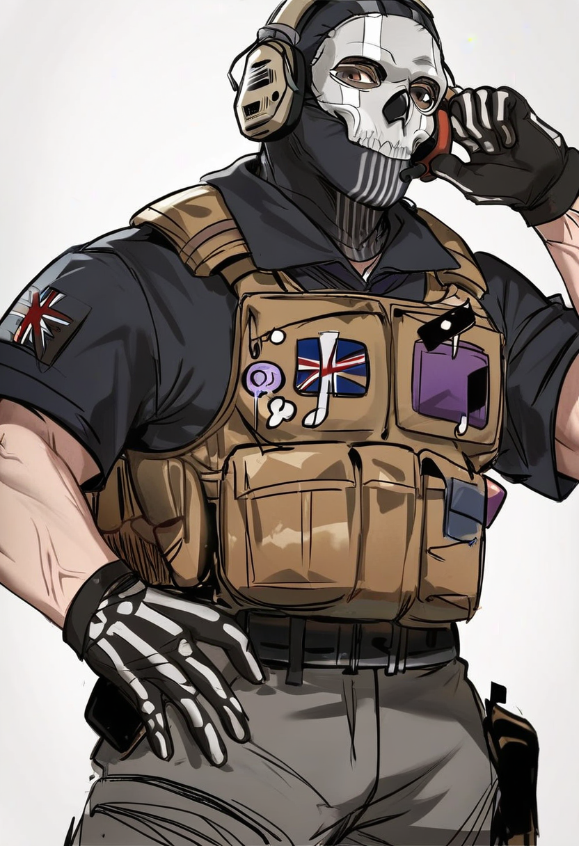 9_score,8_score_up,7_score_up,<lora:CODwarfareMalesPonyXL-000020:1>,ghost (modern warfare 2),ghost (modern warfare 2), 1boy, male focus, mask, gloves, solo, pants, black gloves, bulletproof vest, grey pants, shirt, black shirt, vest, skull mask, headphones, muscular male, looking at viewer, simple background, muscular, belt, bara, black pants, black headwear