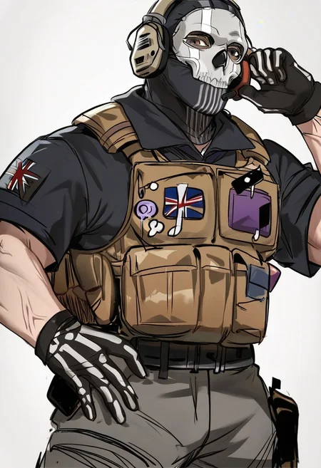 9_score,8_score_up,7_score_up,<lora:CODwarfareMalesPonyXL-000020:1>,ghost (modern warfare 2),ghost (modern warfare 2), 1boy, male focus, mask, gloves, solo, pants, black gloves, bulletproof vest, grey pants, shirt, black shirt, vest, skull mask, headphones, muscular male, looking at viewer, simple background, muscular, belt, bara, black pants, black headwear