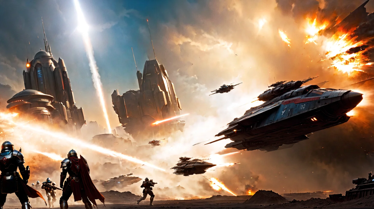 (action shot of a far metallic red/grey    (long  crusader spaceship tilted backwards, banked turn) attack the soldiers on the ground  lands with a loud noise, lifting the dust from the ground, smoke streaming from the reactors below, in a  (dystopian cyberpunk city) at sunset, (a cyborgs soldiers in the foreground attack with blaster:1.2), a visor over the eyes, with passengers waiting to board, people working on the spaceship, repairing it:1.3) ((black, red, white:1.1) cybernetic bodyarmor:1.2), (the armor is damaged:1.1), (layers of rust, dust and blood on the armor are visible:1.3) threatening weapon
((thin film of oil on metal))
movie still, film still, cinematic shot, scenery, side view, Cinematic scene, extreme long shot, view from below shot, dynamic angle, dynamic pose, science fiction style, motion blur, masterpiece, best quality,  natural lighting, soft lighting, rim sunlight, wide-angle, fire, battle, red sun, (the hero saves the girl and she dies in his arms:1.6)
intricate details, highly detailed, high quality, sharp focus Professional photography, bokeh, natural lighting, cinema composition, film framing, dramatic sunset cloudy sky, J. M. W. Turner sunset, moody, Bronze indoors, "Dune" movie, , night, dark theme, cables, Science Fiction land vehicles, smoke, detailed ground, rocks, plants, vegetation, (people running to the spaceship whith guns:1.2), sign , signal,
(8k) DSLR, uhd, hdr (masterpiece, top quality, best quality, beautiful and aesthetic:1.2), cinematic light, volumetric lighting, rim lighting, , lens flare, soft bokeh, science fiction, cyberpunk city, far perspective, Airbrush painting, FUJIFILM X-T3, 35mm, (lens flares:1.2), (motion blur:1.3)
cinematic Rim illumination, epic, breathtaking, dramatic, completed artwork, far perspective, (2 tone blue emerald /orange lighting:1.2) golden hour,   desaturated colors, muted colors,
<lora:offset_0.2:0.5> <lora:AdvancedEnhancerXL:1>   <lora:wowifierXL:0.1> art by mooncryptowow <lora:Cloudify-SDXL:1.2>  
<lora:cyborg_style_xl:0.6> fdxlborisvallejo style, Art by Boris Vallejo, <lora:FDXLBorisVallejo:0.6>         <lora:Grit-SDXL:0.5> pbr texture, grit, stains, rust, metal worn edges,          <lora:SDXL Science Fiction :0.8> <lora:JuggerCineXL2:1> <lora:TLS:-1> <lora:!action-sdxl-V0.5:1.3>   <lora:starcitizen-lora:0.5>