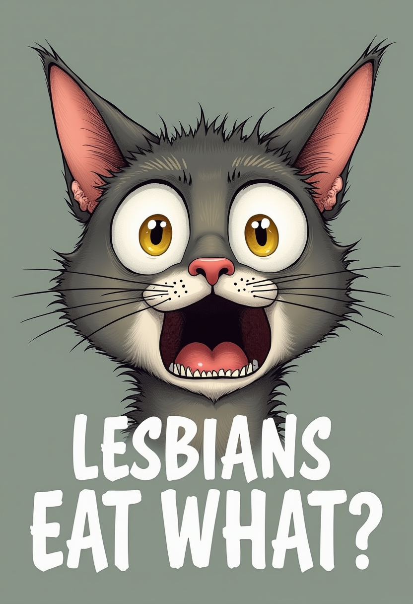 A detailed illustration of a  scared cat's face, with the words "LESBIANS EAT WHAT?" written in white text below the cat's mouth. The cat's eyes are wide open, and its ears are sticking out. The background of the illustration is a grayish-green color, and the illustration has a rough texture.