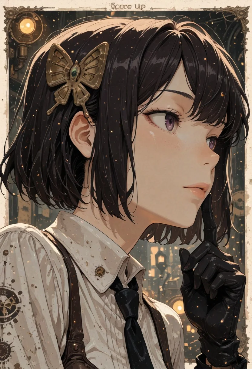 score_9, score_8_up, score_7_up,source_anime, high res image, masterpiece, best quality, masterpiece, newest, absurdres, best quality, hires,
BREAK 1girl, solo, bsdyosano, butterfly hair ornament
white shirt, black necktie, black gloves,
closeup, closeup to face, portrait, outside border
steampunk background
cinematic angle, detailed background, beautiful background, (rays light:1.0),(grow:1.0), light particles