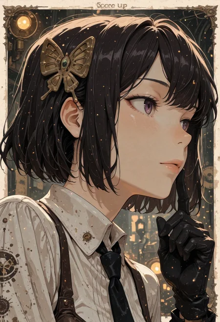 score_9, score_8_up, score_7_up,source_anime, high res image, masterpiece, best quality, masterpiece, newest, absurdres, best quality, hires,
BREAK 1girl, solo, bsdyosano, butterfly hair ornament
white shirt, black necktie, black gloves,
closeup, closeup to face, portrait, outside border
steampunk background
cinematic angle, detailed background, beautiful background, (rays light:1.0),(grow:1.0), light particles
