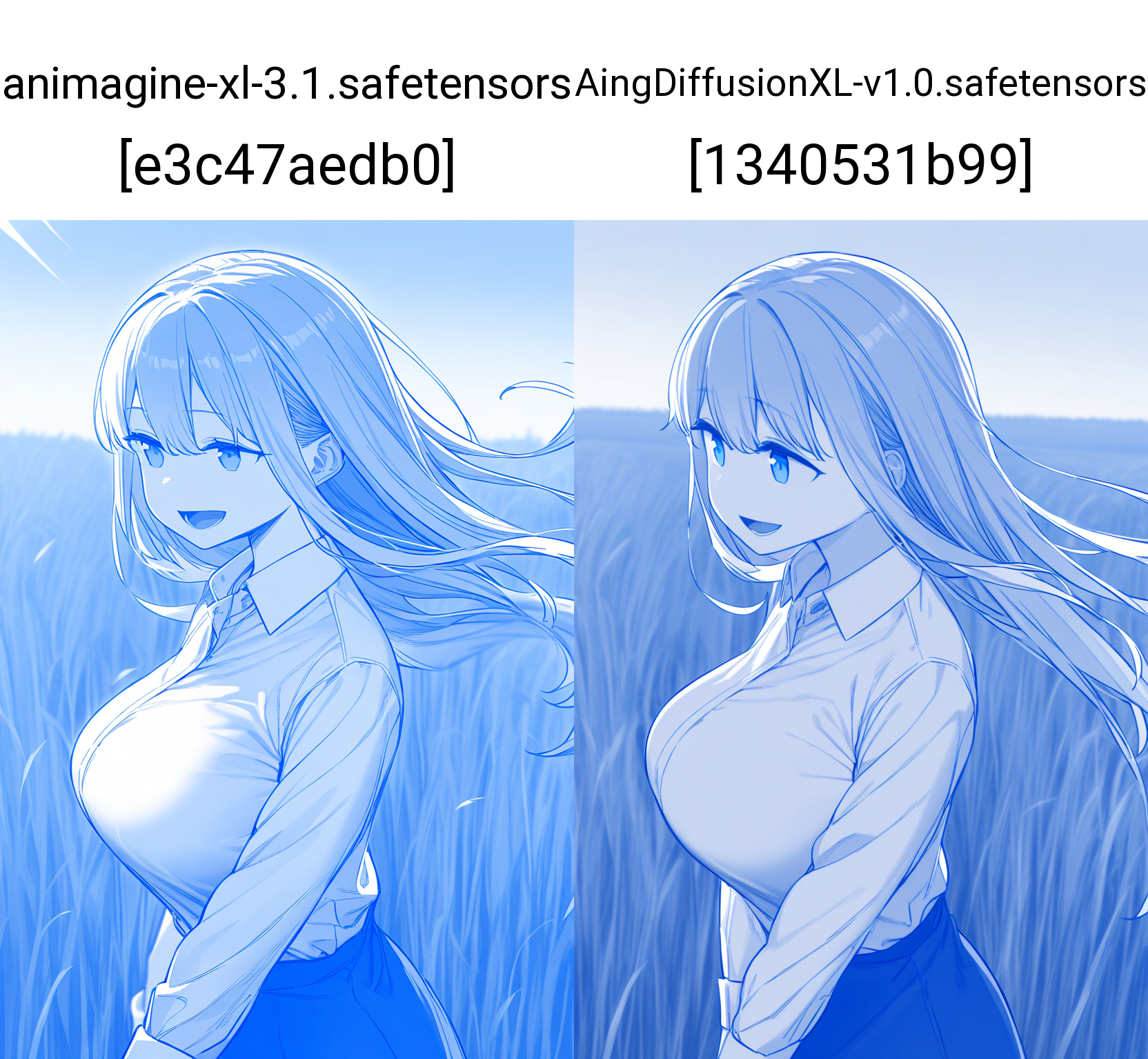 1girl, solo, blue theme, monochrome, 
long hair, silver hair, blue eyes, large breasts, white shirt, collared shirt, open mouth, smile, 
field, wind, 
masterpiece, best quality, very aesthetic, absurdres,
<lora:blue_theme_xl-000007:1>