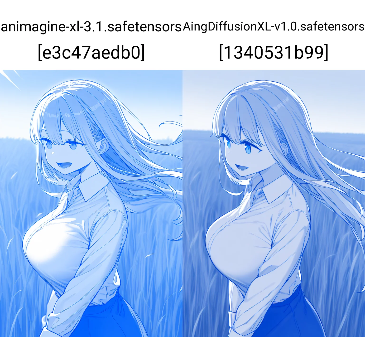 1girl, solo, blue theme, monochrome, 
long hair, silver hair, blue eyes, large breasts, white shirt, collared shirt, open mouth, smile, 
field, wind, 
masterpiece, best quality, very aesthetic, absurdres,
<lora:blue_theme_xl-000007:1>