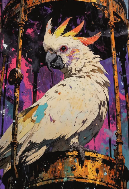 (in the style of cksc,, highly detailed, hyper realistic) A Moluccan Cockatoo perched inside an ornate, antique cage. The extreme close-up focuses on the bird’s striking pale white eye, surrounded by sharp, contrasting black markings with streaks of crimson and violet on the face. Its pure white feathers shimmer with iridescent hues of electric blue, deep magenta, and metallic gold accents. The cockatoo's large crest stands out with vivid splashes of color, while the slightly open beak glimmers with a metallic sheen. Intricate details of the bird’s feathers, particularly the tail, are captured with fine, delicate brushstrokes. The antique cage surrounding the bird is adorned with intricate filigree, emphasizing its confinement. The background is abstract, a blend of dark plum, violet haze, and shimmering silver streaks, creating an ethereal, dreamlike atmosphere. The scene is meticulously crafted with a balance of realistic textures and surreal, vibrant color elements.
