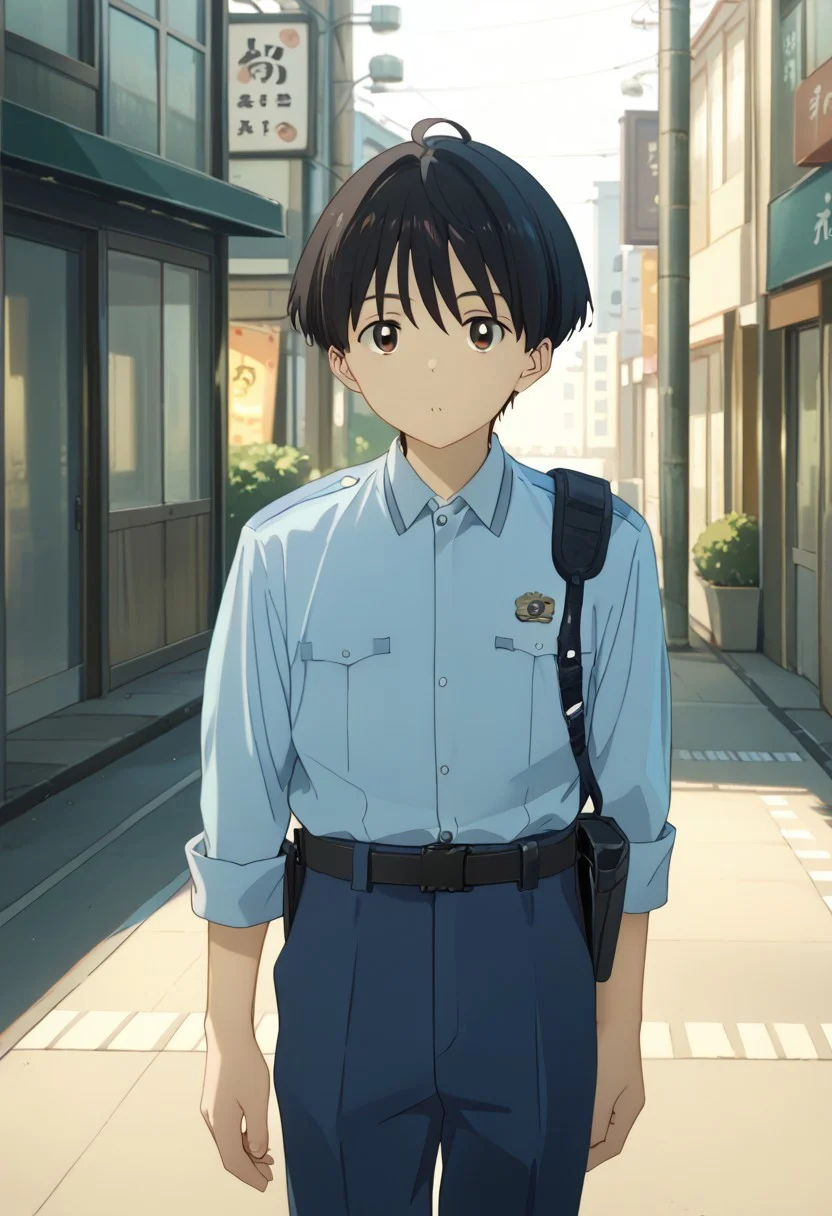 score_9, score_8_up, score_7_up, zPDXL2,
,
kazuhiko nukumizu, black hair, brown eyes, male Japanese Summer Police Uniform,light-blue collared shirt, rank slides,hip holster