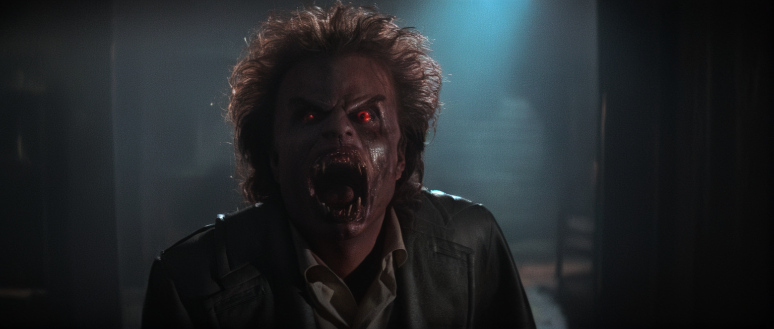 cinematic film still of  <lora:Fright Night 1985 style v2:1>
In the 1980's vampire creature monster Jerry D,a monster creature with very big monster teeth and scary face and reflective red eyes,and messy hair,Vampire4 a person struck by fireball in the dark,open mouth,1boy,male focus,tears,glowing,chair,crying,fire,bald , horror themed, dark themed, low key light, dramatic light, dramatic shadow light, contrast, cinematic color, cinematic look, filmic, realistic, realism, perfection, perfect, Kodak, Kodak film, movie still, Fright Night 1985 style, Fright Night Film style, shallow depth of field, vignette, highly detailed, high budget, bokeh, cinemascope, moody, epic, gorgeous, film grain, grainy