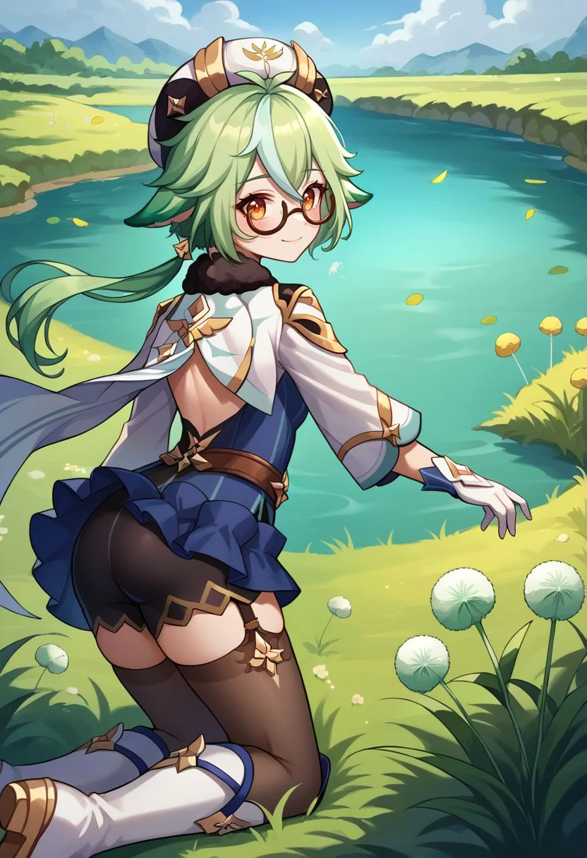score_9, score_8_up, score_7_up, source_anime, 1girl, sucrosedef, orange eyes, green hair, multicolored hair, hair between eyes, long hair, ponytail, animal ears, glasses, semi-rimless eyewear, hat, beret, fur collar, vision (genshin impact), blue dress, gold trim, cape, long sleeves, white gloves, garter straps, black thighhighs, knee boots, white footwear, wariza, kneeling, closed mouth, smile, blush, looking at viewer, outdoors, grass, lake, wind, dandelion, dandelion seed, portrait, close-up, upper body, from behind, back, looking back, <lora:Sucrose_v1-000010:1>