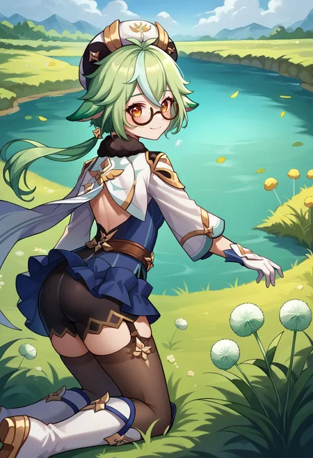 score_9, score_8_up, score_7_up, source_anime, 1girl, sucrosedef, orange eyes, green hair, multicolored hair, hair between eyes, long hair, ponytail, animal ears, glasses, semi-rimless eyewear, hat, beret, fur collar, vision (genshin impact), blue dress, gold trim, cape, long sleeves, white gloves, garter straps, black thighhighs, knee boots, white footwear, wariza, kneeling, closed mouth, smile, blush, looking at viewer, outdoors, grass, lake, wind, dandelion, dandelion seed, portrait, close-up, upper body, from behind, back, looking back, <lora:Sucrose_v1-000010:1>