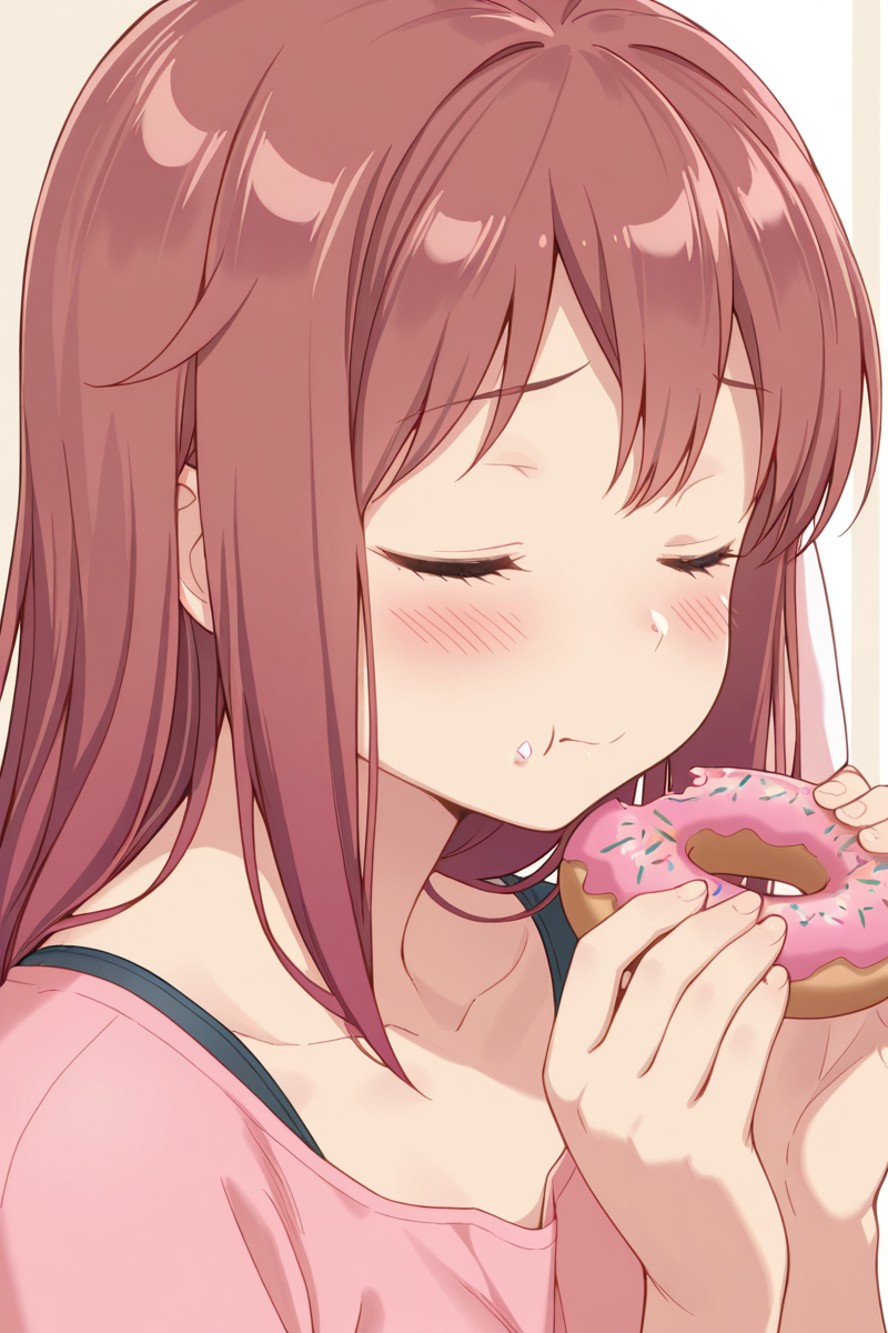 masterpiece, best quality, amazing quality,
 <lora:Haruka_IL:1> haruka, 1girl, solo, closed eyes, food, blush, food on face, collarbone, hair ribbon, ribbon, eating, red hair, holding food, upper body, doughnut, closed mouth