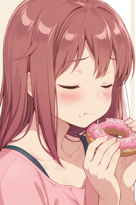 masterpiece, best quality, amazing quality,
<lora:Haruka_IL:1> haruka, 1girl, solo, closed eyes, food, blush, food on face, collarbone, hair ribbon, ribbon, eating, red hair, holding food, upper body, doughnut, closed mouth