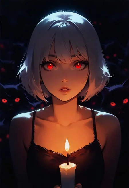 1girl, white hair, short hair, goth, red eyes, detailed eyes, lips, thin lips, parted lips, solo, looking at viewer,, holding a candle, dynamic lighting, camisole, upper body, dark, underlightling, masterpiece, best quality, very aesthetic, background crowd, background people, detailed background, (cat eyes in background:1.5)