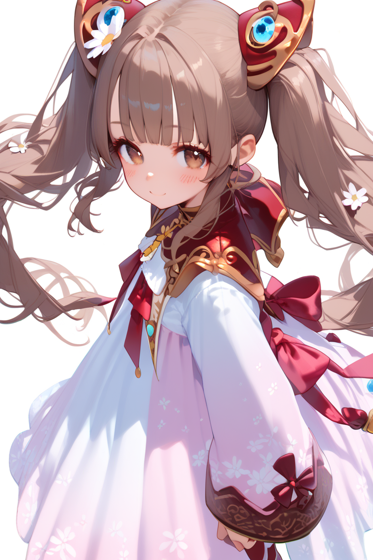 score_9, score_8_up, score_7_up, source_anime,
simple background,
looking at viewer,
cowboy shot, from side,
petite female, flat chest, 
blush, light smile, pov, from above,
lymle, brown hair, brown eyes, twintails, very long hair, 
dress, long sleeves, pantyhose, 
multicolored footwear, white footwear,
 <lora:lymleRE_autismConfetti_v01:1>, zPDXL
