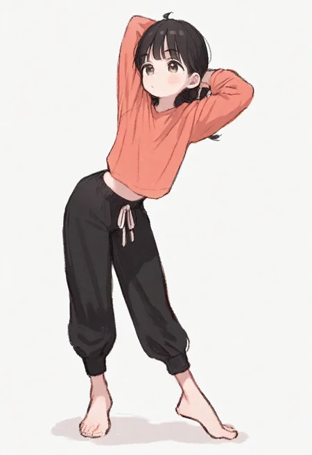 score_9,score_8_up,score_7_up BREAK 1girl,solo,source_anime,long_hair,<lora:ç»èæ»å1.4 StS_PonyXL_Detail_Slider_v1.4_iteration_3:4>,<lora:ARTIST__å·å£ã¤ããµ-Kawaguchi_Issa:0.8>,full body,bow back,barefoot,flexible,tiptoes,<lora:arakooaug17:0.8>,spinning,black_pants,hip hop,on_stomach,