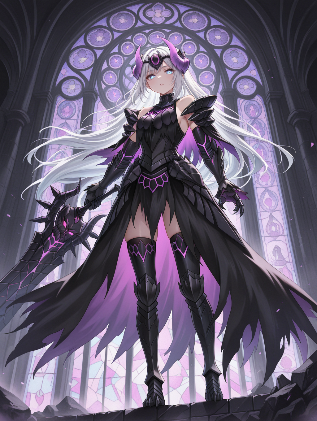 gore magala armor,1girl,white hair,black greatsword,blue eyes,very long hair,solo looking at viewer,bare shoulders,holding black greatsword,glowing eyes,purple horn ornament,black cape,black breastplate,black armored gloves,black shoulder armor,black armored dress,black thigh armored boots,claws,stained glass,
masterpiece,best quality,amazing quality,very aesthetic,apussbsurdres,newest,<lora:Gore Magala armor illuXL v1.2:0.75>,