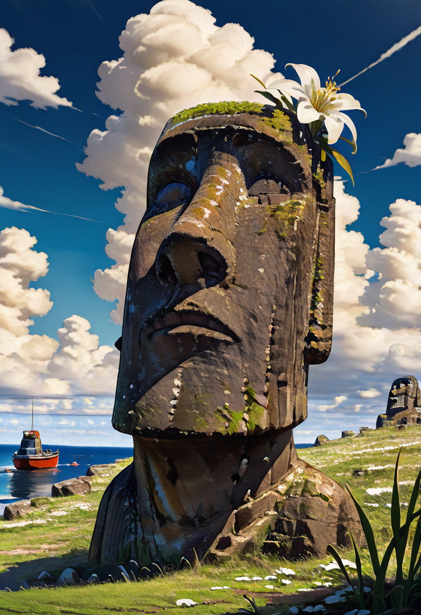 masterpiece, best quality, no humans,   zzMoai, flower, outdoors, sky, day, cloud, water, blue sky, ocean, cloudy sky, grass, white flower, scenery, watercraft, boat  ,<lora:MoaiEasterIsland_IXL:1.0>,