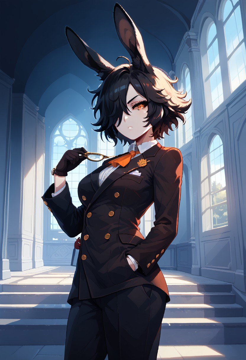 score_9, score_8_up, score_7_up,itzah,
BREAK,rabbit girl,dark sclera,flat breasts,mature woman,serious expression,short black hair,hair over eye,messy hair,(fluffy rabbit ears),pale skin,orange eyes,adjusting gloves,(double-breasted suits),elegant clothes,pocket watch,front angle,mansion scenery,indoors,hallway,imposing vibes,night time,dynamic lightning