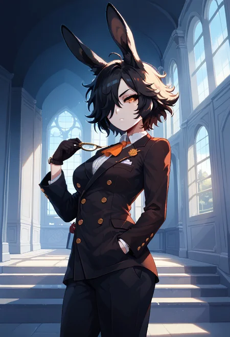 score_9, score_8_up, score_7_up,itzah,
BREAK,rabbit girl,dark sclera,flat breasts,mature woman,serious expression,short black hair,hair over eye,messy hair,(fluffy rabbit ears),pale skin,orange eyes,adjusting gloves,(double-breasted suits),elegant clothes,pocket watch,front angle,mansion scenery,indoors,hallway,imposing vibes,night time,dynamic lightning