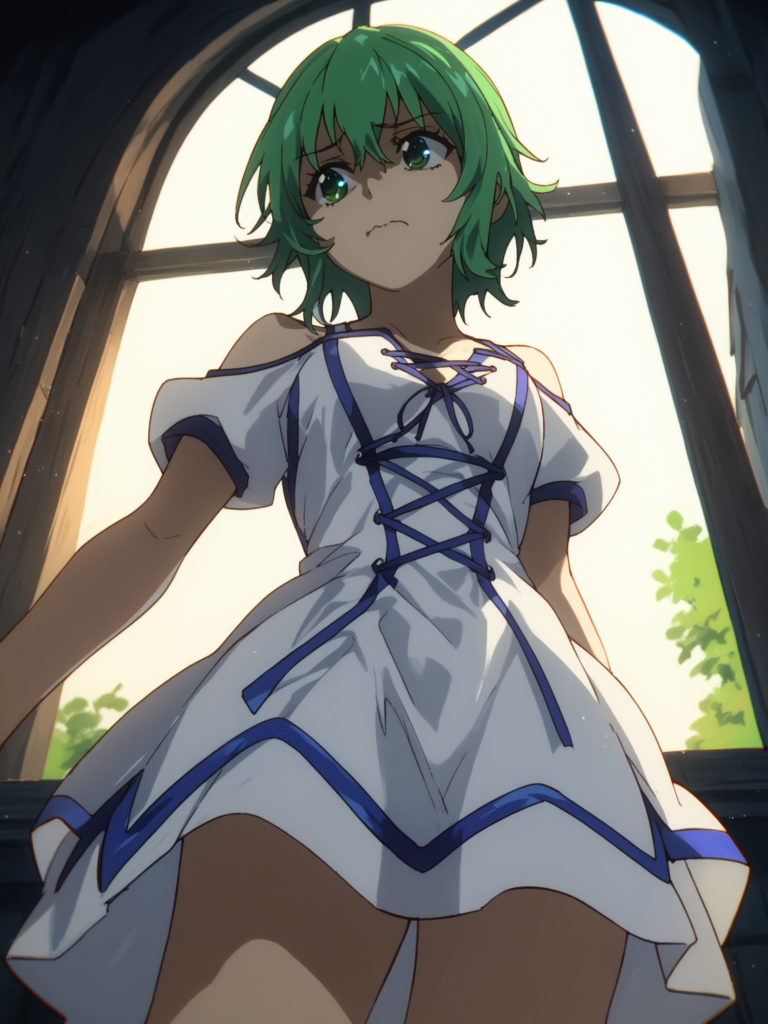 <lora:happy_tentacle-korone-v0.2:1>, ht_korone, white dress, blue trim, cross-laced_dress , 1girl, solo, cowboy shot, thighs , , ( emotionless , (wavy mouth:0.8) :1.1), looking away , from below , score_9, score_8_up, score_7_up, score_6_up, score_5_up, score_4_up