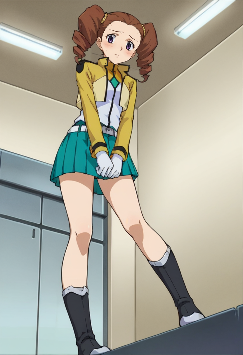 score_9,score_8_up,score_7_up,anime coloring BREAK source_anime,anime,<lora:Mileina_Vashti_Gundam_00_Pony:0.7>,mileina,1girl,solo,purple eyes,brown hair,drill hair,twin drills,hair ornament,cb uniform,cropped jacket,white gloves,belt,green skirt,pleated skirt,black boots,embarrass,blush,standing,arms between legs,indoors,looking_at_viewer,from_below,