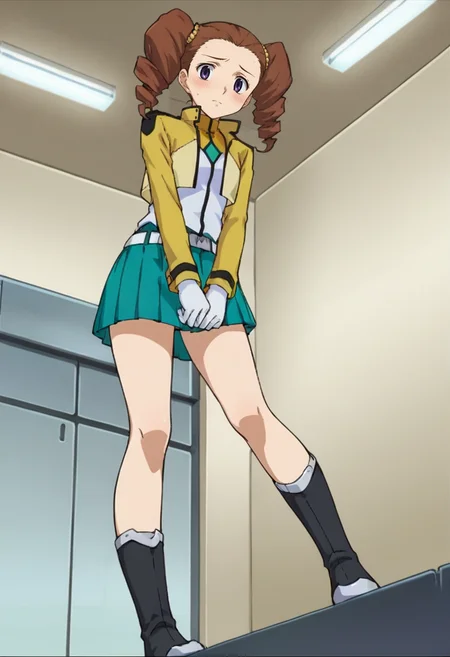 score_9,score_8_up,score_7_up,anime coloring BREAK source_anime,anime,<lora:Mileina_Vashti_Gundam_00_Pony:0.7>,mileina,1girl,solo,purple eyes,brown hair,drill hair,twin drills,hair ornament,cb uniform,cropped jacket,white gloves,belt,green skirt,pleated skirt,black boots,embarrass,blush,standing,arms between legs,indoors,looking_at_viewer,from_below,