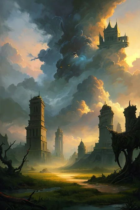 hyperrealism oil painting, ghost of the castle,
thunderstorm, and many small clouds, and slightly cloudy, fantasy forest,
an expansive ancient forest, featuring towering oaks, diverse wildlife, a variety of flora,FanRu,guiguai,
{dawn|dusk|night},