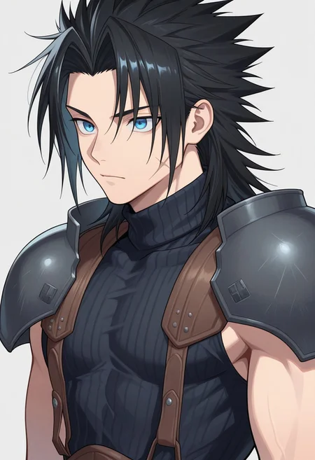 masterpiece,best quality,amazing quality, source_anime,
ZakkusuFea, 1boy, male focus, solo, blue eyes, black hair, spiked hair, medium hair, scar on cheek, shoulder armor, sleeveless turtleneck,