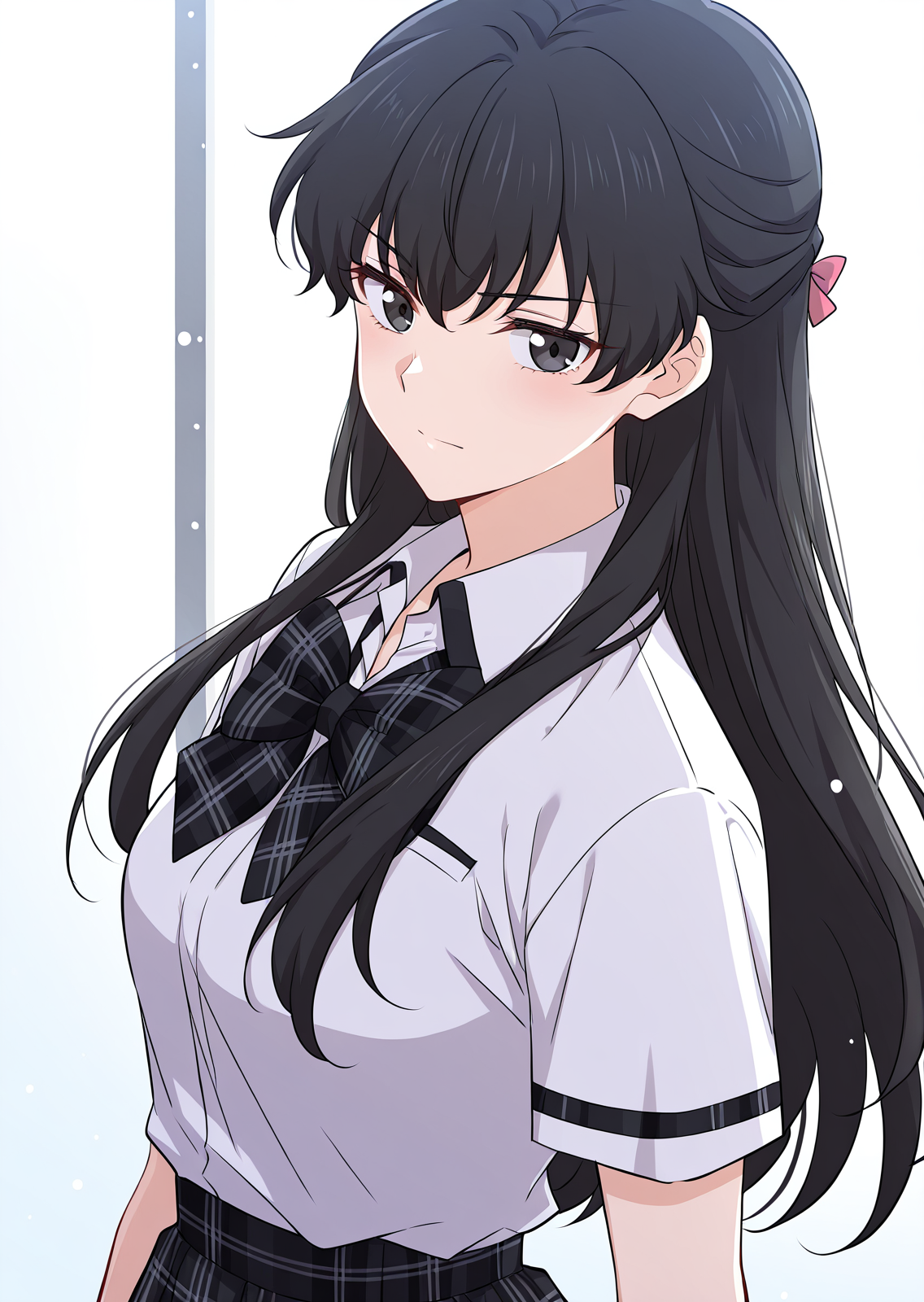 <lora:Immortal_Swordsman_In_The_Reverse_World__Jiang_Lian:1>
1 girl, solo,long black hair, straight hair, bangs, hair bun, black eyes, 
school uniform, short sleeve shirt, white shirt, plaid skirt, black plaid, big ribbon bow, 
score_9, score_8_up, score_7_up, score_6_up, source_anime, rating_explicit, masterpiece, best quality, intricate details, gothic fantasy, upper body portrait, dramatic pose, confident gaze, cinematic lighting, clean background, glowing magical particles, detailed face, vibrant colors