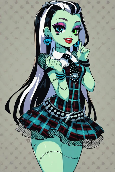 score_9, score_8_up, score_8, medium breasts, (curvy), cute, eyelashes, BREAK, , zzFrankie, heterochromia, blue eyes, green eyes, multicolored hair, aqua skin, streaked hair, black hair, white hair, long hair, stitches, jewelry, earrings, makeup, lipstick, plaid dress, skirt, bracelet, <lora:Frankie_MH_PDXL:1.0>, , BREAK, smile, looking at viewer, cowboy shot, ,,, embedding:zPDXL, Expressiveh, ,,, <lora:Zankuro_Style_PDXL:0.8> <lora:SDXLFaeTastic2400:0.5>, <lora:Expressive_H-000001:0.4>,