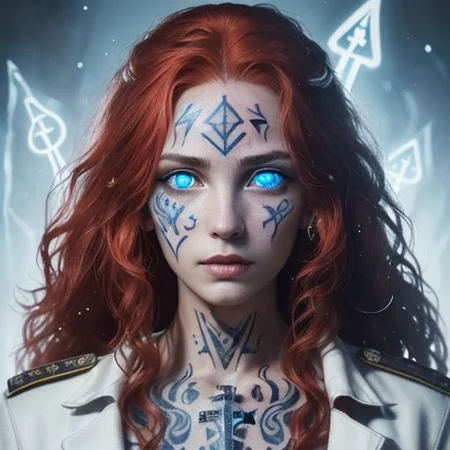 bright red hair, human female, (feminine:1.7), (beautiful face, detailed face:1.6), (beautiful eyes, detailed eyes:1.7), (looking at viewer, eye contact, intense:1.6), (long hair, red hair, curly hair:1.3), , ((masterpiece, best quality, high resolution, realistic, best quality,)), photo realistic, Perfect Face, (detailed face). <lora:GoodHands-vanilla:0.6> <lora:add-detail-xl:0.8>, mage, (Dress White military uniform coat), dagger, rune dagger, glowing runes, , (((glowing magic symbols tattoos, religious tattoos))), ((face tattoos)), glowing tattoos, stone tower in the background