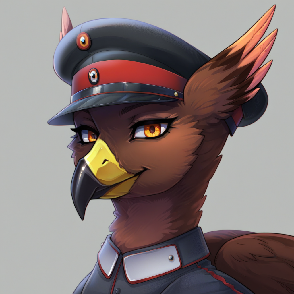 masterpiece, score_9_up, score_8_up, score_7_up, score_6_up, (best quality:1.1), ultra-detailed, high resolution, solo BREAK anthon kaufmann, female griffon, feral, avian, brown feathers, orange eyes, yellow beak, black beak tip, tail, hawk-like, wings, military, peaked cap uniform, smirk, portret, close-up, simple background, highly visible, sharp focus, OverallDetail, anatomically correct