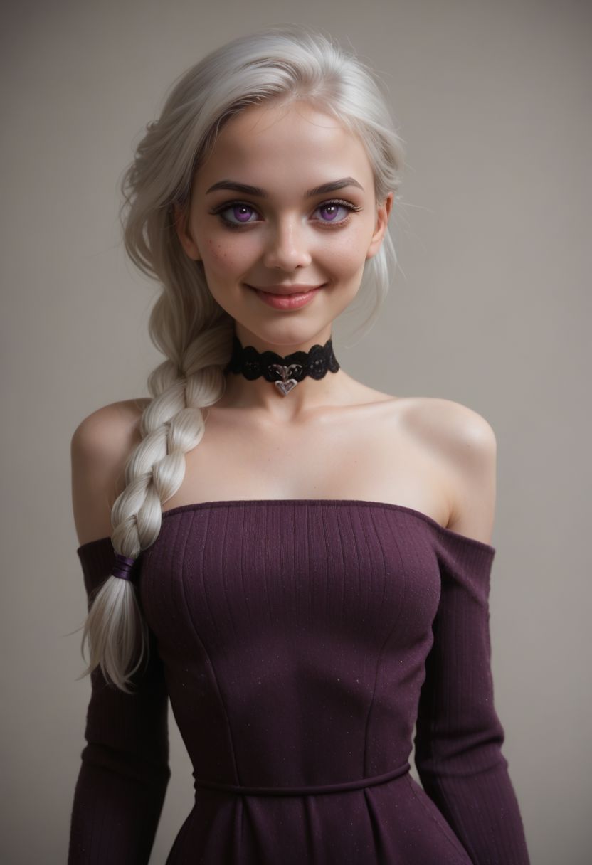score_9, score_8_up, score_7_up, 1girl, pretty 18 year old Thai girl, slender build, (skin blemishes:0.7), long black hair, almond-shaped eyes, violet eyes, long eyelashes, porcelain skin, heart-shaped face, small nose, full lips, subtle smile, high cheekbones, delicate jawline, soft makeup, slim shoulders, slim arms, full bust (34 C breast size), narrow waist, elegant posture, solo, sexy sweater dress, purple dress, long sleeves, bare shoulders, black choker, <lora:Dark_Violet_Pony_v0.1:0.5> d4rkv10l3t, white hair, single braid, purple eyes,