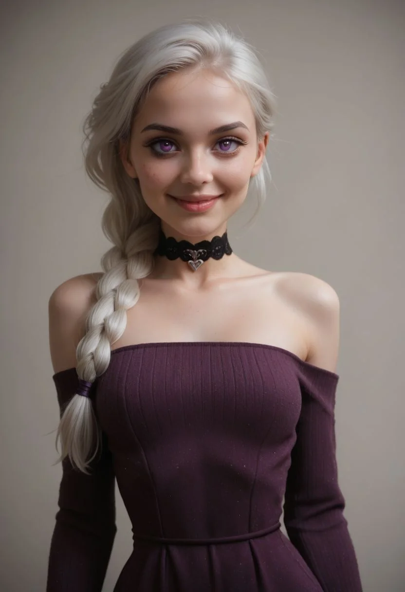 score_9, score_8_up, score_7_up, 1girl, pretty 18 year old Thai girl, slender build, (skin blemishes:0.7), long black hair, almond-shaped eyes, violet eyes, long eyelashes, porcelain skin, heart-shaped face, small nose, full lips, subtle smile, high cheekbones, delicate jawline, soft makeup, slim shoulders, slim arms, full bust (34 C breast size), narrow waist, elegant posture, solo, sexy sweater dress, purple dress, long sleeves, bare shoulders, black choker, <lora:Dark_Violet_Pony_v0.1:0.5> d4rkv10l3t, white hair, single braid, purple eyes,
