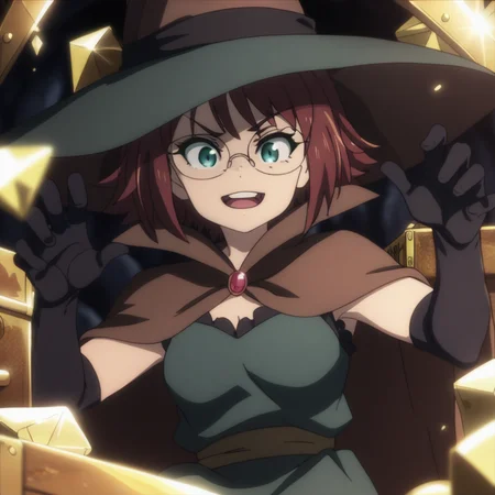 score_9, score_8_up, score_7_up, <lora:wizard-gs-ponyxl-000014:1> gswz, glasses, witch hat, cape, dress, green dress, elbow gloves
1girl, open mouth, smug, treasure chest