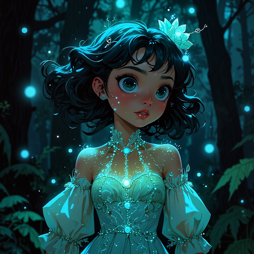 animeniji, AnimeNiji, anime, niji, (off-center composition, close up Portrait), girl, exploring a magical forest, surrounded by glowing fairy lights, wearing an elegant dress with sparkling details, curious expression, whimsical atmosphere, anime Niji style