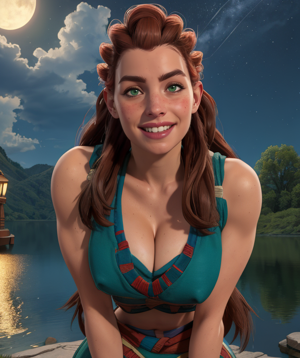 aloy,green eyes,red hair,long hair,smile,
tribal,dress,cleavage,midriff,navel,sleeveless,
leaning forward,covered nipples,
night,lake,
(insanely detailed, masterpiece, best quality),solo,<lora:aloy-10HFW-ALT:0.8>,