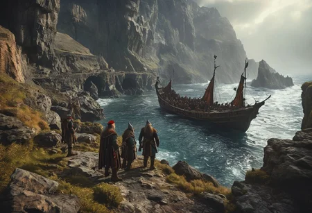extremely detailed, hero shot, high detail, hires textures, incredibly detailed, intricate details, intricate diorama, masterpiece, outstanding intricacies, photorealism, true masterpiece, cliff background, pleasant, Stately, grimdark, a group of humans elves and dwarves living in a fantasy world with antiquity-ships in the distant background