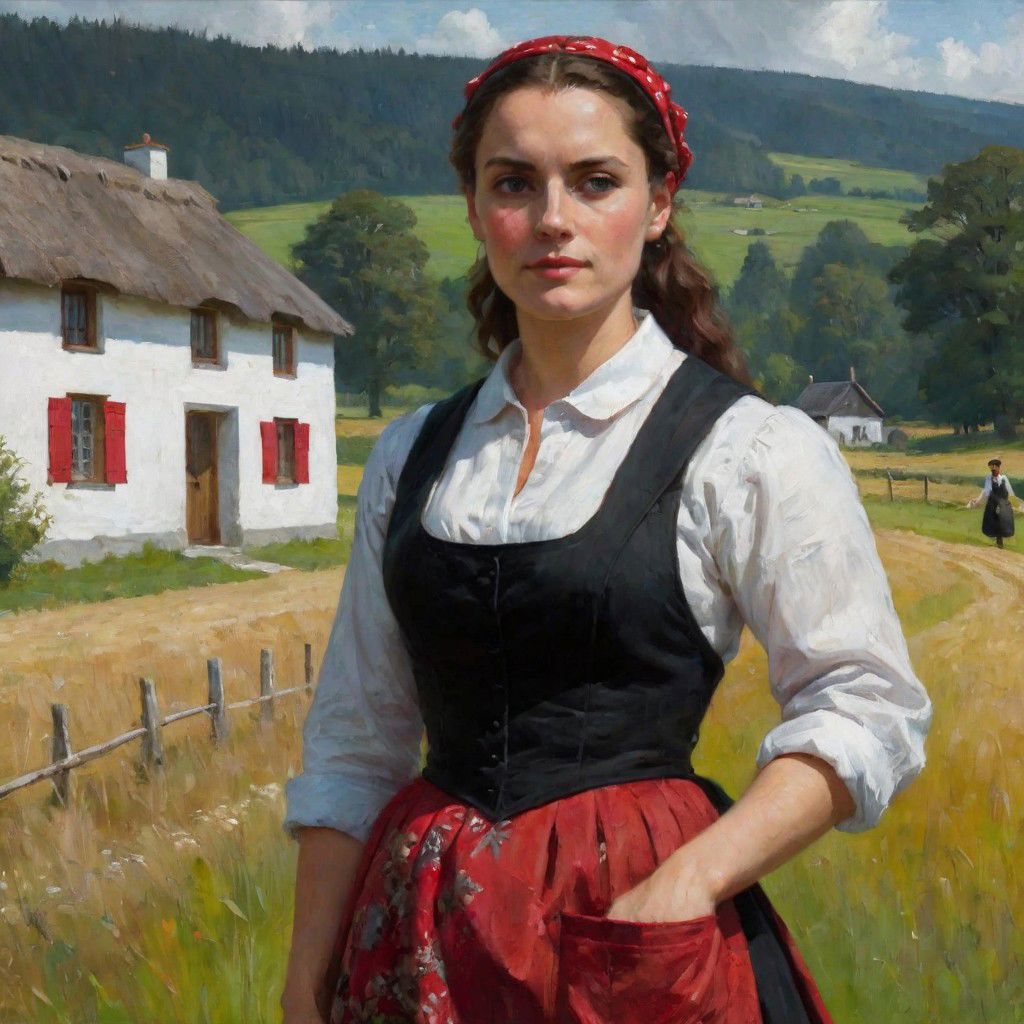 Oil painting, fullbody, full-length portrait, outdoor, woman in the center of the painting standing half sideways, summer, day. She is dressed in a white shirt with red patterns, a red waistcoat, a black shirt below the knee with a burgundy apron in front. Dark shoes on his feet, and a white necklace around his neck, hands akimbo. On the face is a slight smile, and on the head is a black ochipok with a [[red]] stripe. A wooden fence is visible in the left part of the image. Behind the woman is a green meadow. In the far background, two whitewashed houses with thatched roofs can be seen, behind which the forest stretches.