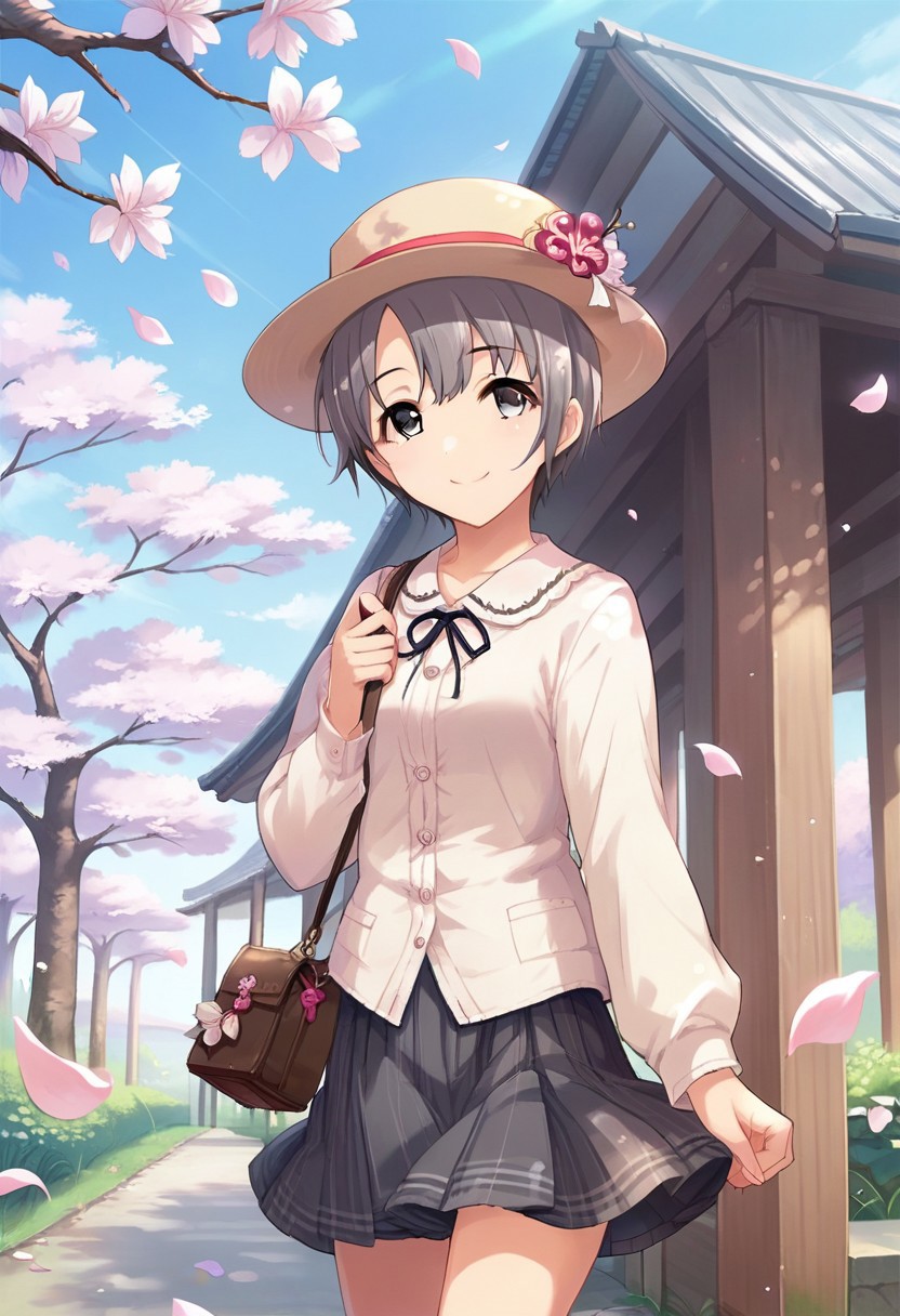 score_9, score_8_up, score_7_up, source_anime,otokura yuuki, short hair, grey hair, black eyes, 1girl, cherry blossoms, bag, solo, skirt, outdoors, tree, smile, hat, petals