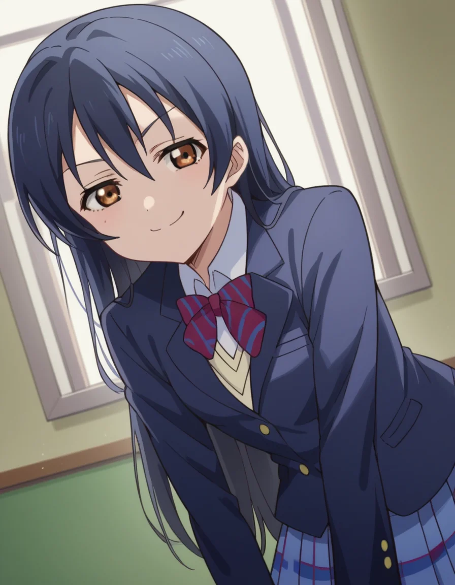 score_9, score_8_up, score_7_up, source_anime, <lora:umi-sonoda-s1-ponyxl-lora-nochekaiser:1>, umi sonoda, long hair, bangs, hair between eyes, brown eyes, blue hair,, skirt, school uniform, jacket, blazer, winter uniform, otonokizaka school uniform,, indoors, bent over, smile, smug, looking at viewer, solo,, cowboy shot, dutch angle