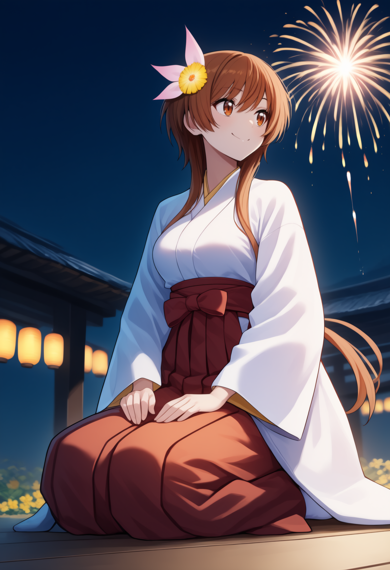 masterpiece, best quality, newest, anime, full body, solo, 1girl, tach1bana, smile, looking away, seiza, hands on own thighs, long hair, brown hair, hair flower, yellow flower, brown eyes, japanese clothes, white kimono, long sleeves, wide sleeves, red hakama, hakama skirt, white socks, east asian architecture, night, fireworks
<segment:yolo-Anzhc Face seg 640 v2 y8n.pt,0.4,1//cid=11>