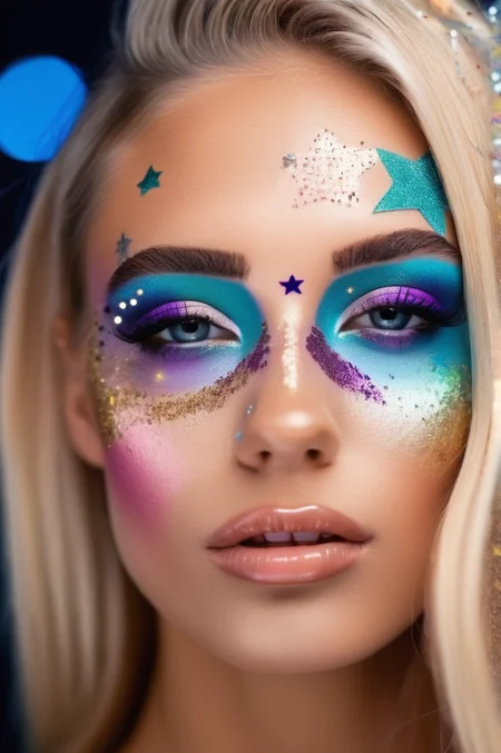 close up portrait photo of an 20 years old european blonde haired woman, enjoying live, style \(artistic face makeup with coloured geometric shapes and figures and lines and circles and Glitter and stars\), <lora:makeup_050_cosine_iter2_ 002_sdxl_jugger_10epoches_adafactor-step00005000:1>, cold light
